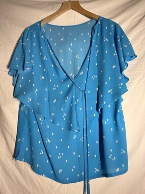 LOFT Blue Flutter Sleeve V-Neck Blouse with White Dot Print